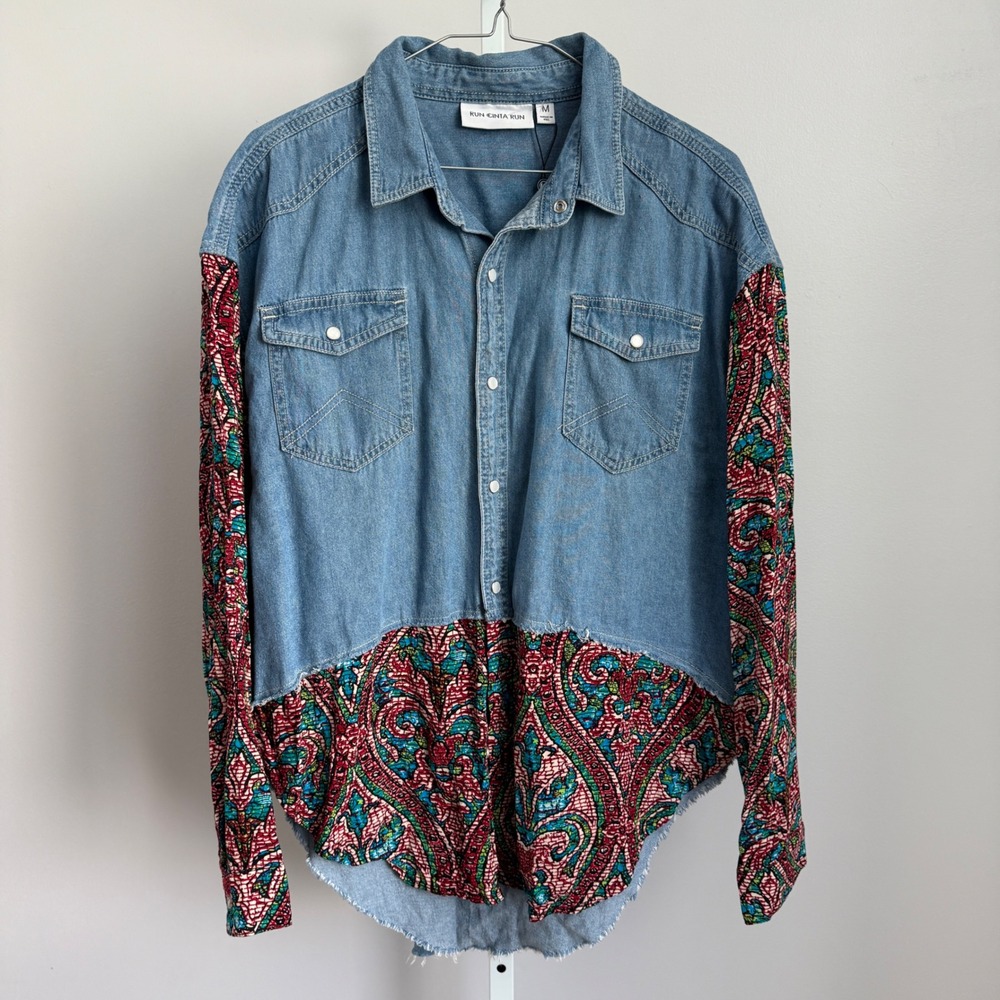 Run Cinta Run Denim Shirt Paisley Patchwork Western‎ Button Up Top M